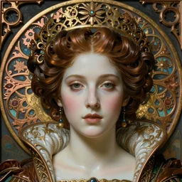 beautiful medieval queen face centered portrait, artwork by james jean and alphonse mucha, hyperdetailed realistic smooth polished porcelain, jean delville, art nouveau, iris van herpen, gustav klimt, ornate copper patina gothic icon, james jean, ultrasharp hyperdetailed photorealistic octane render