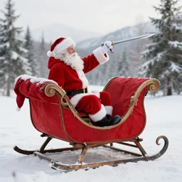 a sword hangs across the back of santa's sleigh just in case