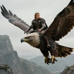 Actor Paul Wesley As an Elf Ranger riding a giant Battle Eagle as it soars over the Mountains of Mordor,photorealistic, cinematic