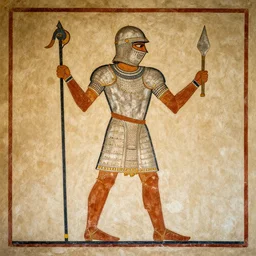 Minoan painting on a wall of a knight in full plate, wide shot