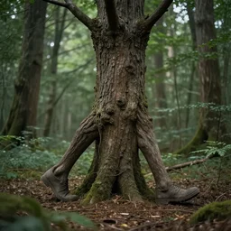 a fictional photograph of a tree with legs walking in a forest, very detailed, 8k, ultrarealistic, fantasy