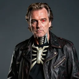 Jack Nicholson plays Terminator wearing leather jacket and his endoskeleton is visible his eye glows red,