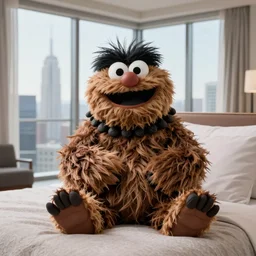 oscar the grouch relaxing in a bedroom in a penthouse apartment 4K studio photo