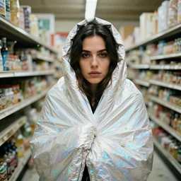 closeup portrait of a woman wrapped in an iridescent mylar foil blanket, standing in a grocery store, dirty grocery store, grungy grocery store, color photograph, by vincent desiderio, canon eos c 3 0 0, ƒ 1. 8, 3 5 mm, 8 k, medium - format print