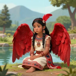 “prompt Young Harpy-Girl, red feathered wings, wearing Inka clothes, sad expression, sitting at a pond, mountainous area, trees in the background, digital art”