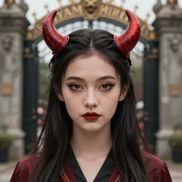 a demon girl ( ( mr. bean ) ) at the gates of hell, flawless symmetrical pretty cute face, greg rutkowski, 8 k, shallow depth of field, intricate detail, concept art,