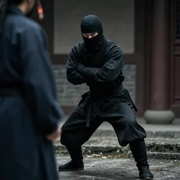 shrouded ninja sneaking up on a guard