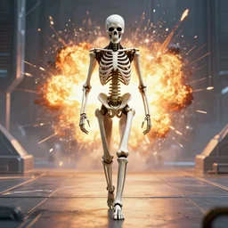 skeleton man walking forward with explosion behind him, science fiction industrial hard science concept art, 8K render octane high definition cgsociety, photorealistic, unreal engine