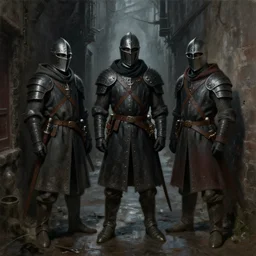 painting of three constables, guards, standing in a dark dingy damp alley, medieval, fantasy, dnd, trending on artstation