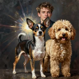chiweenie and goldendoodle, oil painting, Tooth Wu, Greg Rutkowski, RPG portrait, dynamic lighting, fantasy art, High contrast, depth of field
