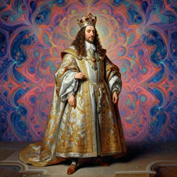 beautiful oil painting, full length portrait of dauphinois in baroque coronation robes 1701, Dan Mumford, Dan Mumford, Alex grey, hyacinthe rigaurd, highly detailed , lsd visuals, dmt fractal patterns, visionary art, psychedelic art, ornate, vaporwave, baroque, Greg rutkowski
