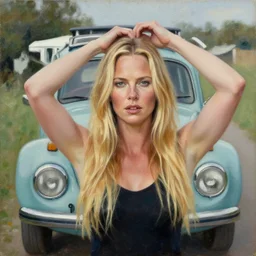 beautiful t charlize theron with long blonde hair locks holds over its head old volkswagen beetle, oil on canvas, naturalism