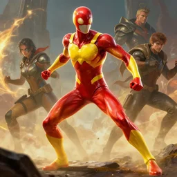 translucent realistic slim muscular red and yellow armored suit superhero in battle, fantasy digital art, vivid color style artstation, style greg rutkowski and frank frazetta and mucha and richard corben, octane render, unreal engine 6, epic game graphics, fantasy, conceptual art, ray tracing