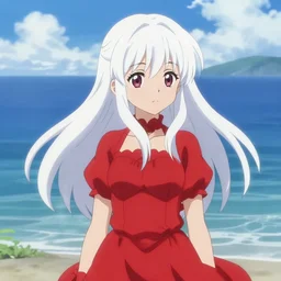 japanese anime, white haired girl in red dress standing by the sea