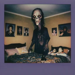 hyperrealistic cursed daguerreotype polaroid cinestill of creepy monster entity creature, giant head, ridiculously long neck, standing in bedroom designed by guillermo del toro, michael hutter, kentaro miura, junji ito, gantz, hideo kojima, colorized. scp historical archives. david lynchian atmosphere. deep aesthetics of weirdcore