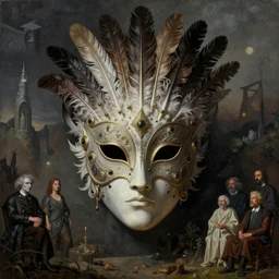 hyper realistic painting of feather mask by wayne barlowe, beksinski, hr giger, austin osman spare, bussiere, roberto ferri, rembrandt, luis ricardo falero, intrincate ornaments