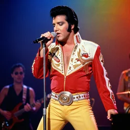 elvis presley singing on stage in the style of hotline miami