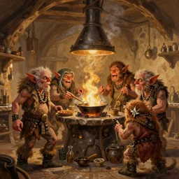 bright d & d painting of a group of rude goblins cooking frantically in a warm medieval kitchen