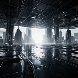 dark technological grid, advanced acceleration interior cityscape glossy black reflective surfaces suspended mid - air, bloom effect hard lighting clean scenic atmosphere