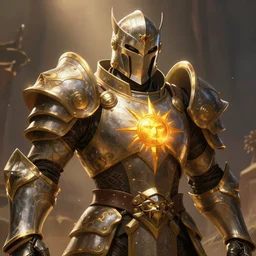 animated armor with a helmet face and a sun emblem on his chest, wide shot photo, style of magic the gathering, dungeons and dragons, fantasy, intimidating