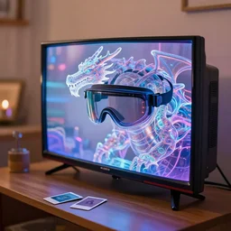 curved transparent 3 dtv dragon popping out of tv, volumetric lighting, bedroom, visor, users, pair of keycards on table, bokeh, creterion collection, shot on 7 0 mm, instax