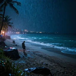 cyberpunk beach, 4k, award winning, photography, night, rainy, HD, detailed