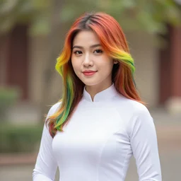 pretty vietnamese woman with rainbow hair wearing a white ao dai