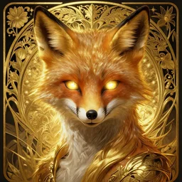 hyper advanced alien evolved from evil fox, sci fi, glowing eyes, volumetric lights, gold theme, art nouveau botanicals, intricate, highly detailed, digital painting, artstation, concept art, smooth, sharp focus, cinematic, illustration, beautiful face, art by artgerm and greg rutkowski and alphonse mucha