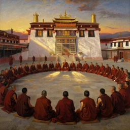 crowd of monks sitting in circular formation in giant temple in tibet, with stunning evening dusk sunlight dappled light and god rays, old master painting, intricate chinese imperial robes, detailed oil painting by william adolphe bouguereau and donato giancola