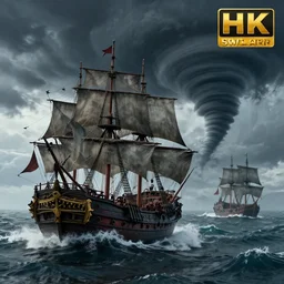 pirate ships on a stormy sea and a tornado,highly detailed, 4k, HDR, award-winning, artstation, octane render