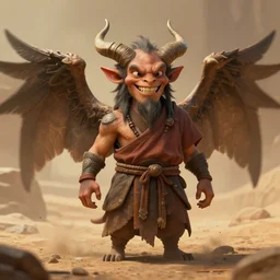 portrait of a friendly!, good spirited!!! daemon monk warrior, small horns, large wings, toothy grin, in the style of victor adame minguez, trending on artstation, desert background, shadowy, chaotic undertones, high detail 8 k, unreal engine 4