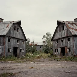 a abandoned square between two huge abandoned soviet barns, muted color, mid shot, matte painting, by simon stalenhag and alena aenami