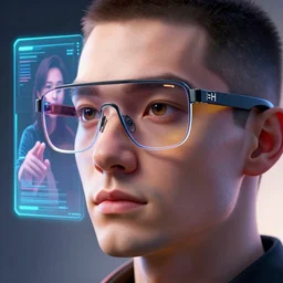 highly detailed futuristic Apple iGlass computer glasses on face of human, cyberpunk, calling friend as a hologram, concept art, character art, studio lightning, bright colors, intricate, masterpiece, photorealistic, hyperrealistic, sharp focus, high contrast, Artstation HQ, DeviantArt trending, 8k UHD, Unreal Engine 5