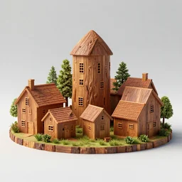 woods sculpture of homes, wide shot, vibrant color details, zbrush, hyper realistic, golden ratio, macro lens, unreal engine, octane render, symmetri