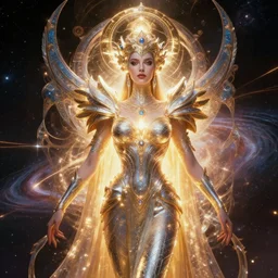 portrait of the powerful empress of the solar system in the style of anna dittmann and in the style of donato giancola and in the style of michael whelan. glowing, ornate and complex, stunning, dynamic lighting, intricate and detailed.