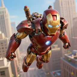 a retro dieselpunk rusty iron man cyborg with steampunk enhancements flying over new york, pixar, marvel, octane render, v - ray render, photorealistic
