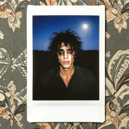 an instant photo of a beautiful but creepy man in layers of fear in devonshire, with haunted eyes and wild hair, 1 9 7 0 s, seventies, wallpaper, moorland, a little blood, moonlight showing injuries, delicate embellishments, painterly, offset printing technique, by mary jane ansell