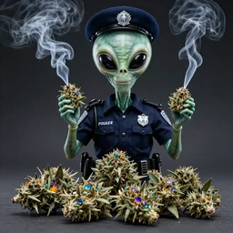 the police smoking alien marijuana with iridescent buds of the weed 8 k hyperdetailed photorealism hdr