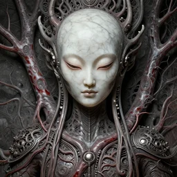 alien, blood vesels, no face, dystopian surrealism, artstyle alex ries zdzisław beksinski, symmetry accurate features, very intricate details, hres, 4 k, naraka buddhist demon korean female, highly detailed, symmetrical long head, smooth marble surfaces, detailed ink illustration, metal gear, cinematic smooth stone, deep aesthetic, concept art, post process, carved marble texture silk cloth, latex skin, highly ornate intricate details, in the style of 8 8 grzes, giger