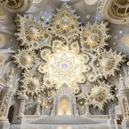 a hyperrealistic 3 d render of a sprawling mandelbrot fractal cathedral interior populated by mandelbrot fractals, unreal engine, carved ivory, carved soap, white color scheme, physically based render, volumetric lighting, octane render, glowing, carved marble, opalescent, sacred geometry, catholicpunk, stark, 8 k, ultra detailed