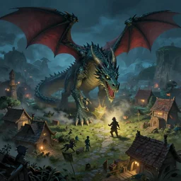 dragon attacking village at night, fantasy art, artstation, concept art, 4 k
