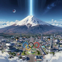 a highly detailed matte painting of retro futurist mount fuji hosting the olympics, aerial photography, ultrawide lens, by dan mumford, yusuke murata, makoto shinkai, ross tran, cosmic, heavenly, god rays, intricate detail, cinematic, 8 k, cel shaded, unreal engine, featured on artstation, pixiv