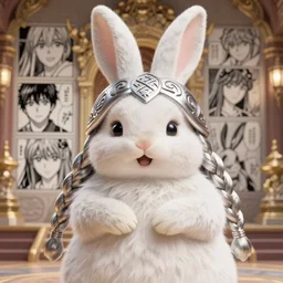 happy elven bunny!!! in the temple, mmmmim, fancy silver runes, intricate braided hair, plump body, manga panel by kosuke kurose, soft lighting, highly detailed face, cozy atmosphere, sharp focus, artstation, secret of mana, sophie anderson, arnold armitage, loish