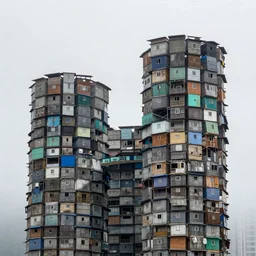 intertwined towers made up of stacked makeshift squatter shacks with faded colours, plain uniform sky at the back, misty, phase 1, f 1. 8, ultra sharp, very detailed, photographed by julie blackmon