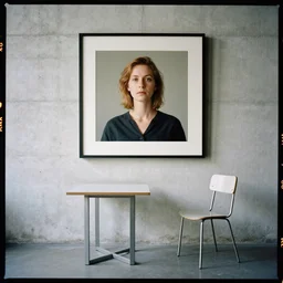 kodak portra 4 0 0, 8 k, highly detailed, britt marling style, award winning colour still - life portrait of a concrete wall, a large square pictureframe on this wall. a minimalistic table and a minimalistic chair on the floor, 1 9 2 0 s minimalism style