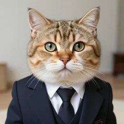 a high detail shot of a cat wearing a suit, realism, 8k
