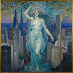 ocean spirit lost in a metropolis. this rococo and art noveau painting by the award - winning artist has dramatic lighting, an interesting color scheme.