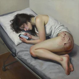 a painting i made of someone lying on a cot, curled up with their phone, their body decaying. its about social media destroying our brains or whatever.