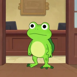 a small frog standing on two feet at the hotel reception entry, claymation, aardman animation