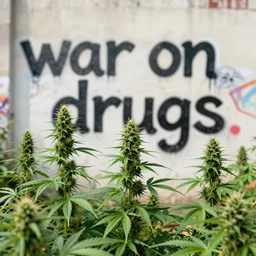 cannabis plants growing in a city, graffiti on wall saying'war on drugs ', in the style of karen knorr, daido moriyama, street photography, 3 5 mm film, analogue, high contrast, london,